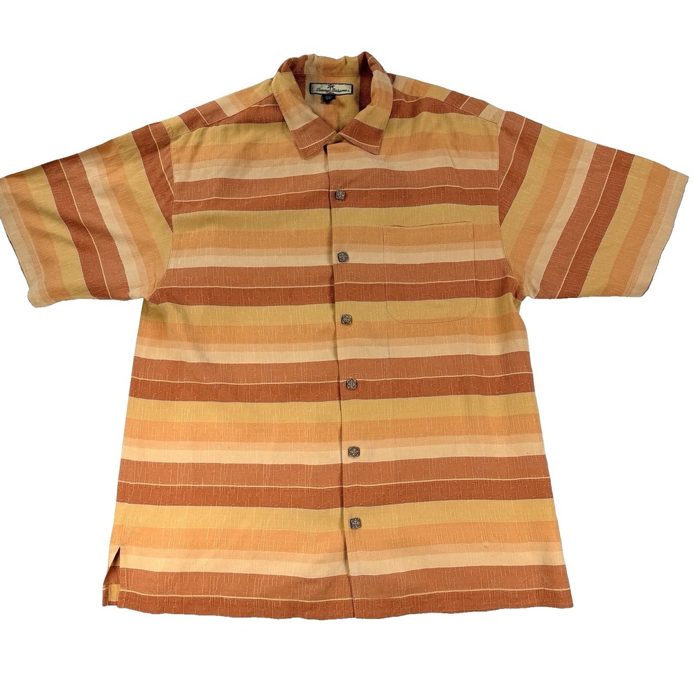 Mens Tommy Bahama100%  Silk Button Up Shirt Striped Orange Beach Casual Size Med